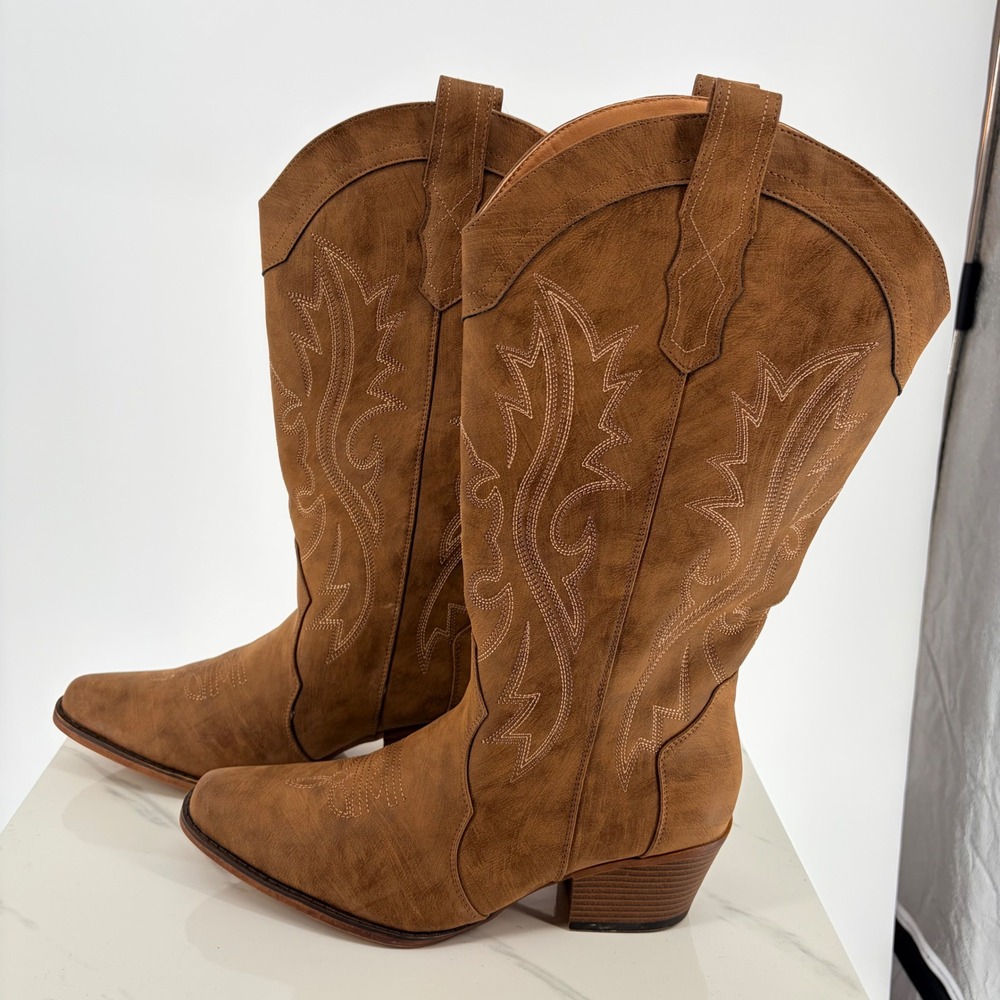 IUV Cowboy Boots Size 11.5 Brown Western Embroidered Mid-Calf WB058-BR